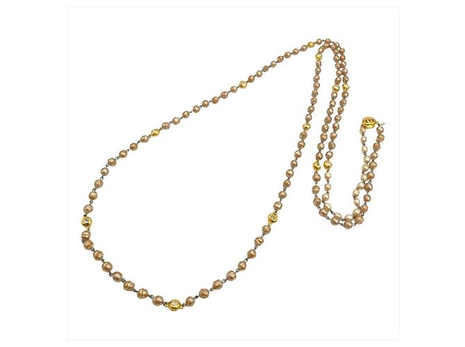 Collana Lunga Chanel in Oro con Perla Finta e Strass D'oro - vista 3