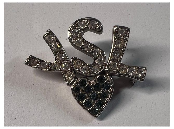 Yves Saint Laurent Spilla YSL in metallo argentato e strass Argento - vista 2