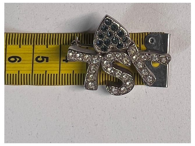 Yves Saint Laurent Spilla YSL in metallo argentato e strass Argento - vista 7