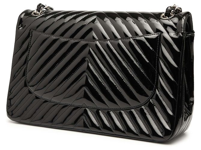 Chanel Noir Jumbo Classique Chevron en Cuir Verni Double Rabat - vue 2
