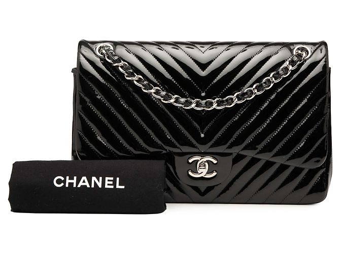Chanel Noir Jumbo Classique Chevron en Cuir Verni Double Rabat - vue 8