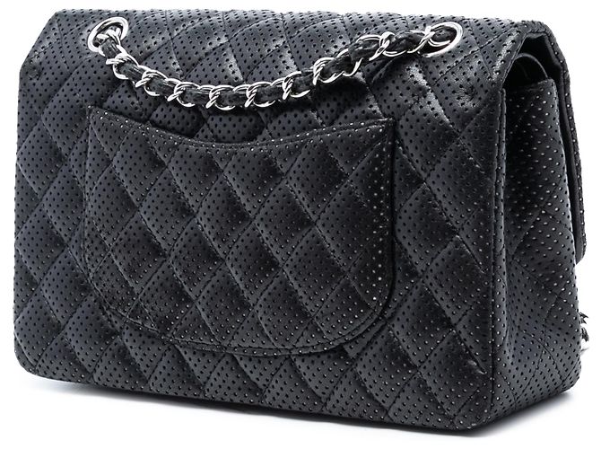 Chanel Nero Medio Classico Perforato in Agnello Doppio Faldone - vista 2