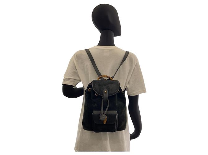 Zaino in suede Gucci Bamboo Nero Oro - vista 6