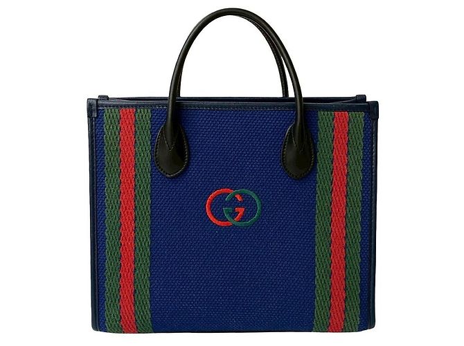 Borsa a mano in tela e pelle Gucci Nero Rosso Blu Verde Blu navy - vista 2
