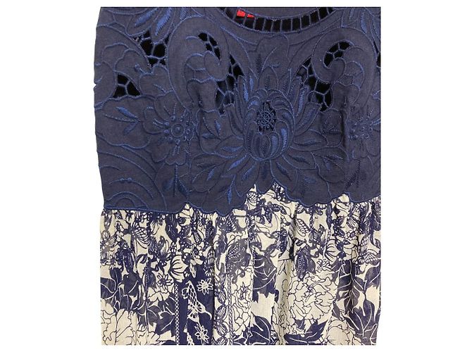 Autre Marque Leinen-Spitzenkleid VIVIENNE TAM Weiß Blau Marineblau - vista 2