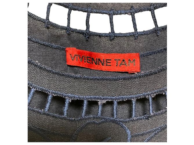 Autre Marque Leinen-Spitzenkleid VIVIENNE TAM Weiß Blau Marineblau - vista 4