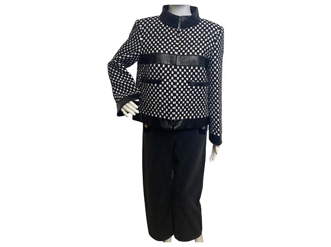 Chanel 17B Metropolitan Checker Sequin Leather Trim Zip Up Jacket FR 42 Black White - view 12