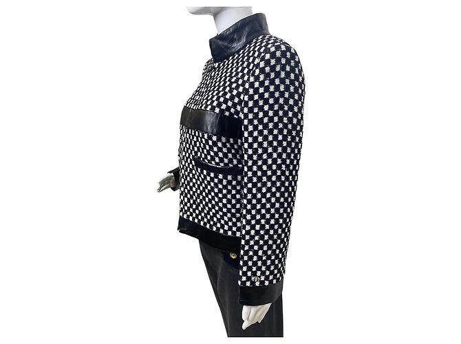 Chanel 17B Metropolitan Checker Sequin Leather Trim Zip Up Jacket FR 42 Black White - view 13