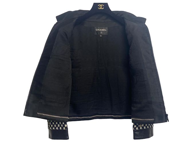 Chanel 17B Metropolitan Checker Sequin Leather Trim Zip Up Jacket FR 42 Black White - view 14