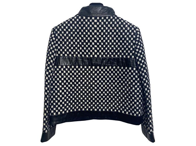 Chanel 17B Metropolitan Checker Sequin Leather Trim Zip Up Jacket FR 42 Black White - view 3