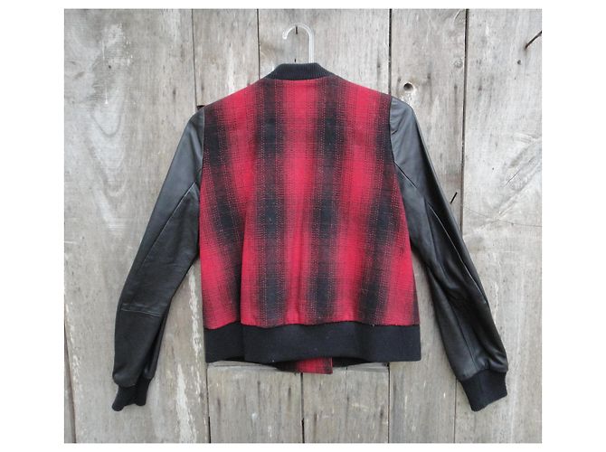 Maje Biker Jacket Black and Red Wool and Lamb Leather - view 2
