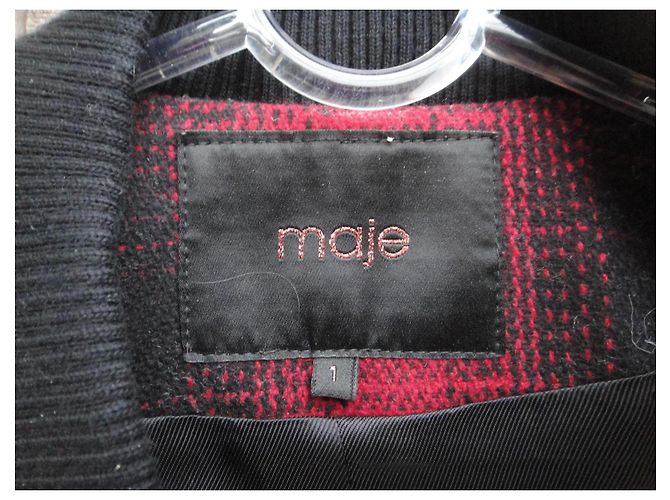 Maje Biker Jacket Black and Red Wool and Lamb Leather - view 3