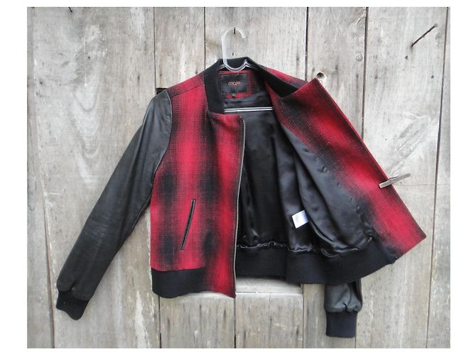 Maje Biker Jacket Black and Red Wool and Lamb Leather - view 4