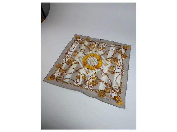 Céline Sciarpa Vintage Celine Grigio Oro Bianco D'oro - vista 5