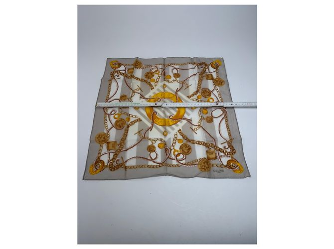 Céline Sciarpa Vintage Celine Grigio Oro Bianco D'oro - vista 7