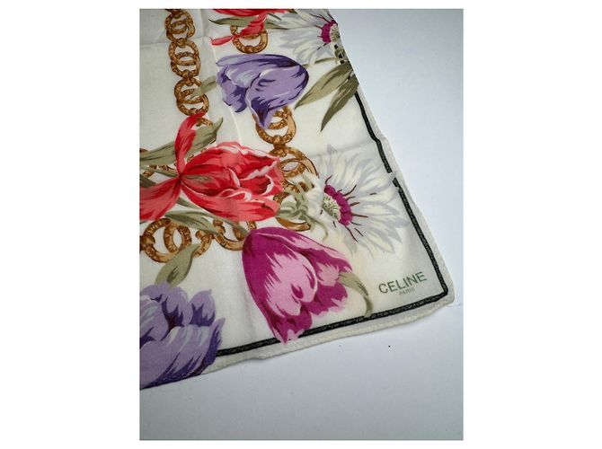 Céline Vintage Celine Paris Blumen Schal Weiß Rot Lila Gold Mehrfarben - Ansicht 2