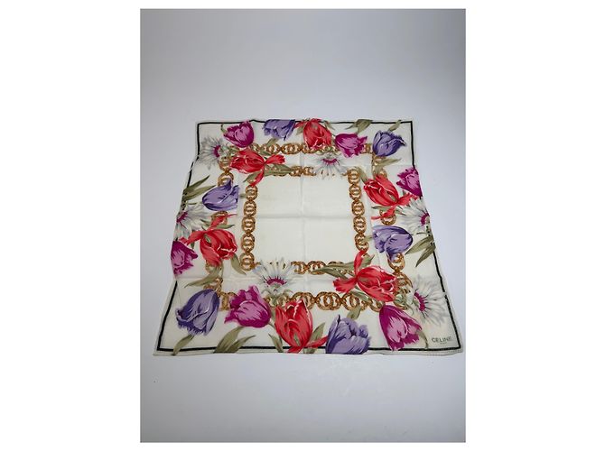 Céline Vintage Celine Paris Blumen Schal Weiß Rot Lila Gold Mehrfarben - Ansicht 4