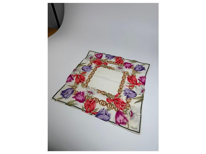Céline Vintage Celine Paris Blumen Schal Weiß Rot Lila Gold Mehrfarben - Ansicht 5