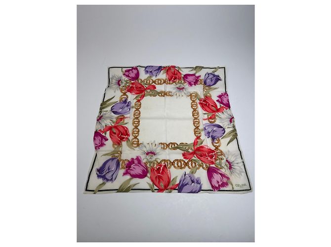 Céline Vintage Celine Paris Blumen Schal Weiß Rot Lila Gold Mehrfarben - Ansicht 7