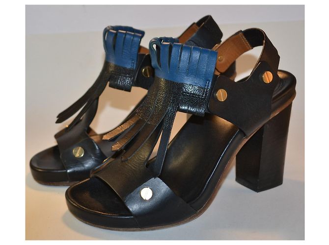 Sandali Chloé in pelle neri e blu con frange taglia 37 Nero - vista 2