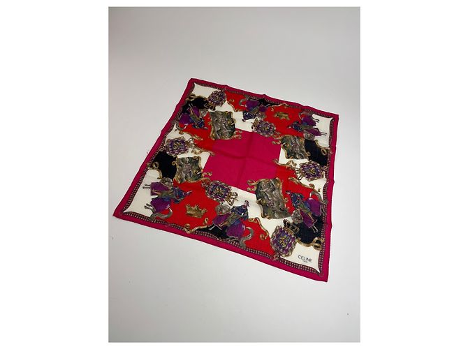 Céline Sciarpa Vintage Celine Paris Rossa Bianca Oro Rosso - vista 8