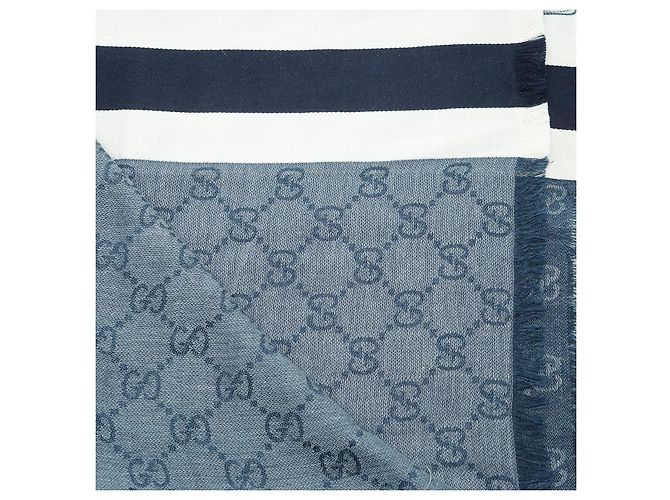 Gucci Stola in seta e cotone con frange GG Blu - vista 10