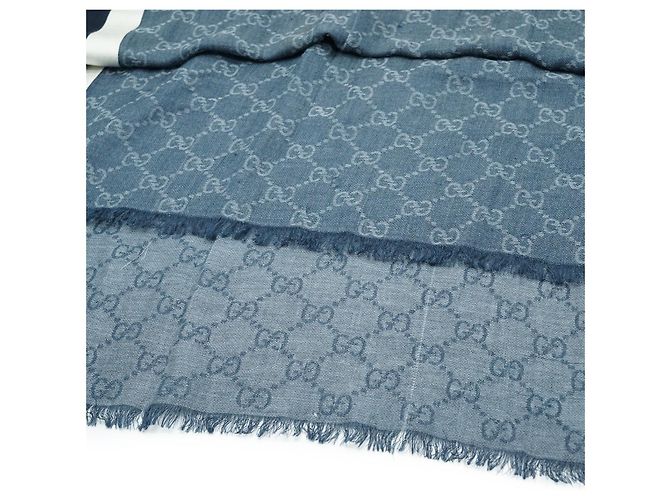 Gucci Stola in seta e cotone con frange GG Blu - vista 11