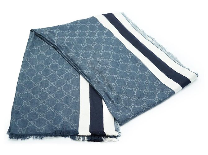 Gucci Stola in seta e cotone con frange GG Blu - vista 2