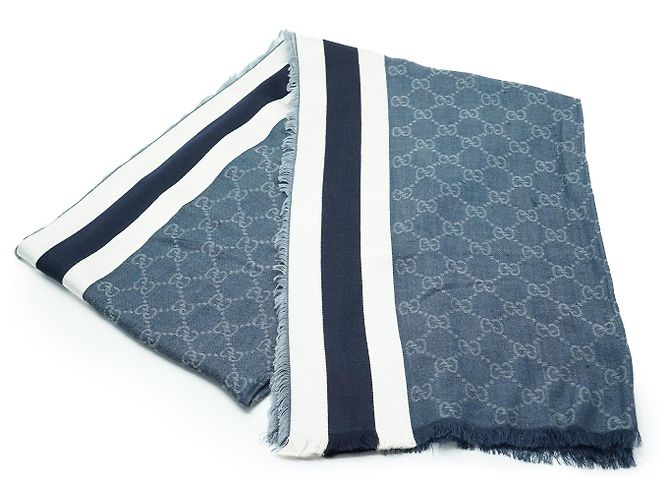 Gucci Stola in seta e cotone con frange GG Blu - vista 3