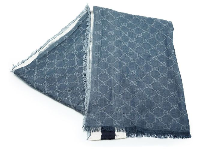 Gucci Stola in seta e cotone con frange GG Blu - vista 4