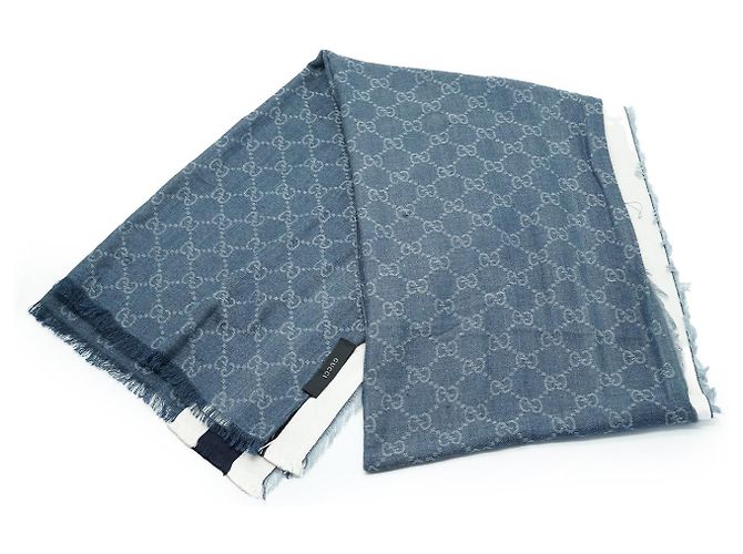 Gucci Stola in seta e cotone con frange GG Blu - vista 5