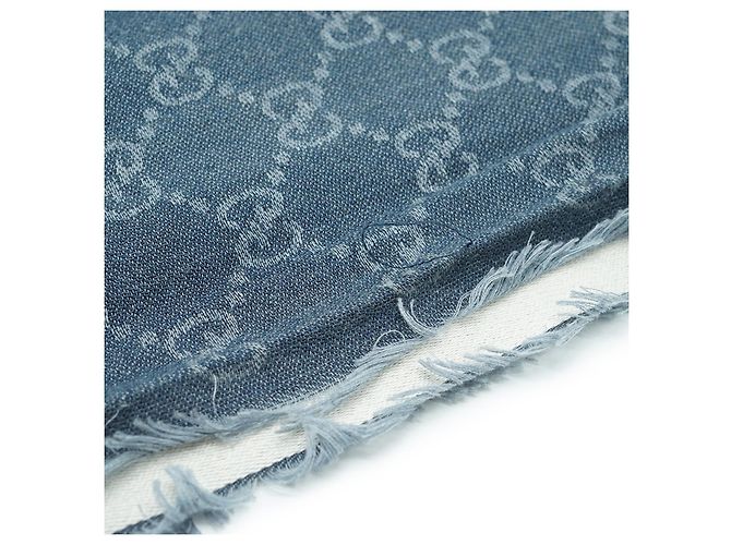 Gucci Stola in seta e cotone con frange GG Blu - vista 8