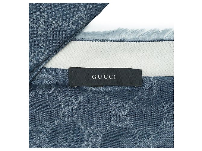 Gucci Stola in seta e cotone con frange GG Blu - vista 9