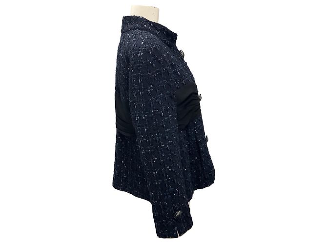 Giacca in tweed con dettagli in chiffon blu navy / nero Chanel - vista 2