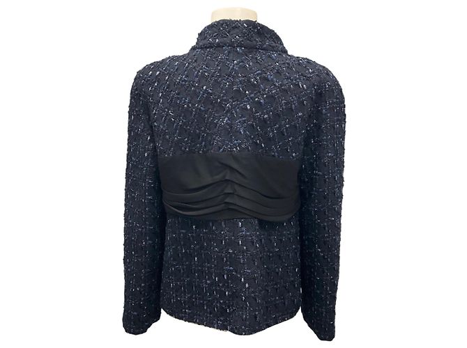 Giacca in tweed con dettagli in chiffon blu navy / nero Chanel - vista 3