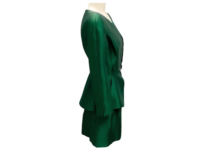 Completo giacca e gonna in seta verde vintage Thierry Mugler - vista 2