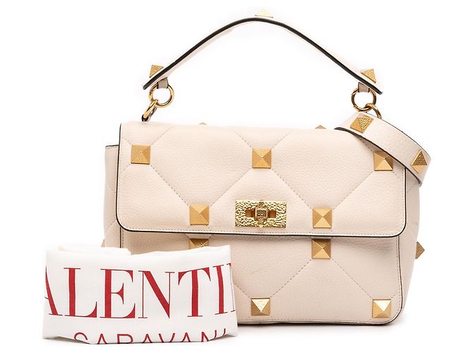 Valentino White Large Grained Calfskin Roman Stud Satchel Cream - view 11