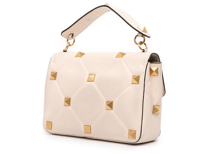 Valentino White Large Grained Calfskin Roman Stud Satchel Cream - view 2