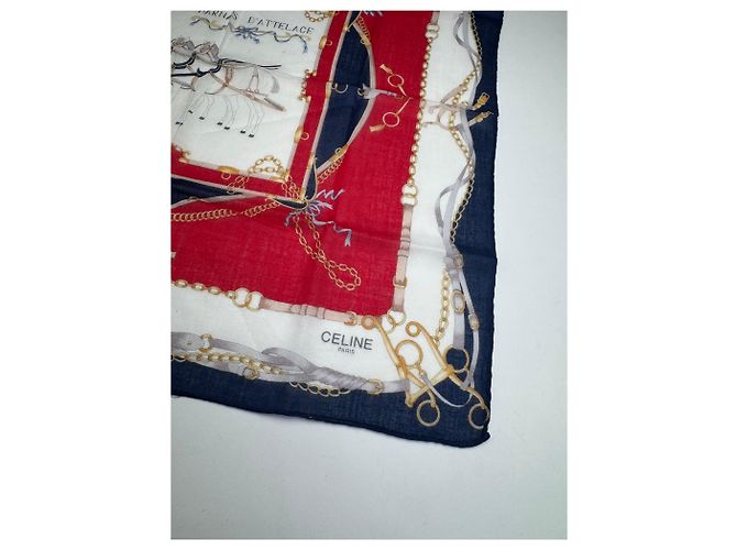 Céline Sciarpa Equestre Vintage Celine Blu Bianco Rosso Blu navy - vista 3