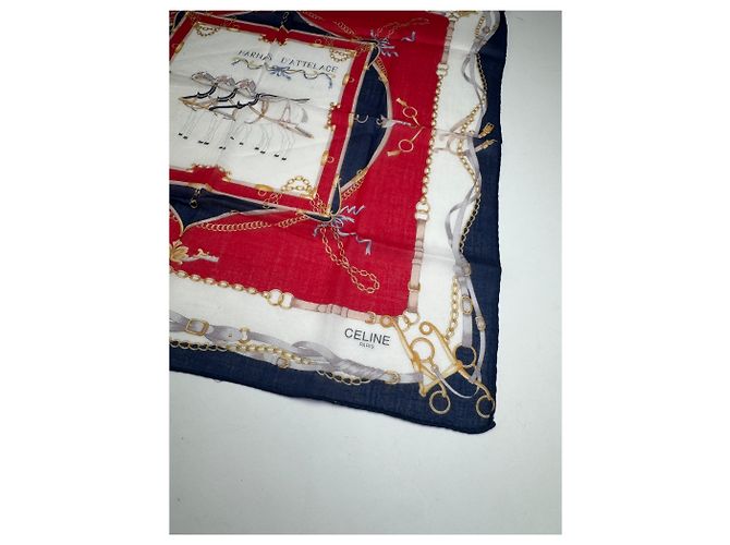 Céline Sciarpa Equestre Vintage Celine Blu Bianco Rosso Blu navy - vista 9