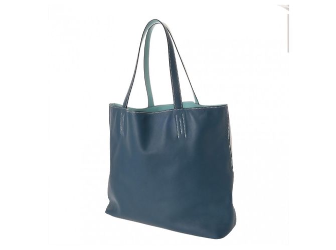 Hermès Borsa Tote Double Sens 45 in Blu Atoll e Grigio Perla - vista 3