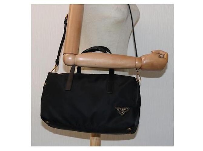 PRADA Borsa Boston Tessuto Nera a Due Vie Nero - vista 11