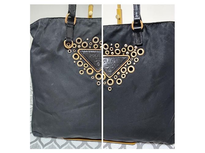 Borsa tote in nylon tessuto con logo grommet PRADA nero/oro D'oro - vista 10