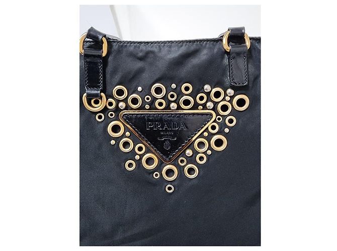 Borsa tote in nylon tessuto con logo grommet PRADA nero/oro D'oro - vista 11