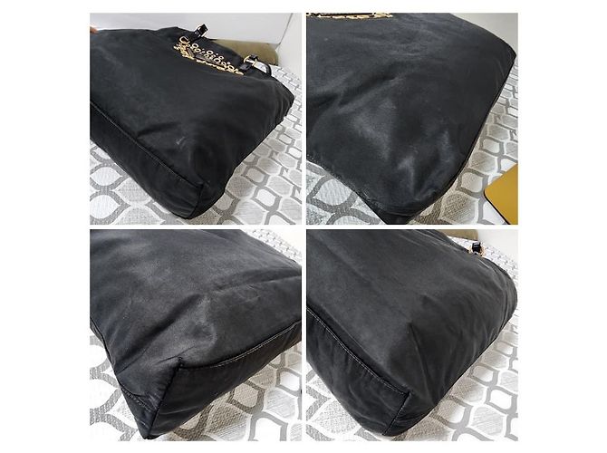 Borsa tote in nylon tessuto con logo grommet PRADA nero/oro D'oro - vista 13