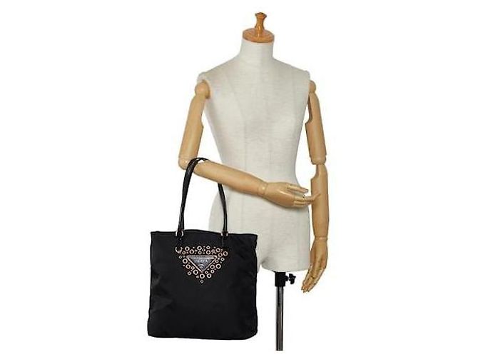 Borsa tote in nylon tessuto con logo grommet PRADA nero/oro D'oro - vista 15
