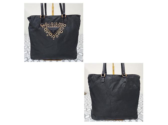 Borsa tote in nylon tessuto con logo grommet PRADA nero/oro D'oro - vista 4