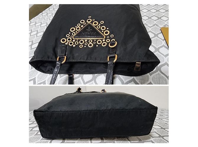 Borsa tote in nylon tessuto con logo grommet PRADA nero/oro D'oro - vista 5