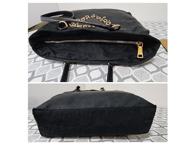 Borsa tote in nylon tessuto con logo grommet PRADA nero/oro D'oro - vista 6