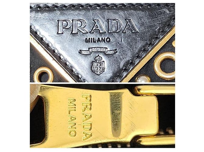 Borsa tote in nylon tessuto con logo grommet PRADA nero/oro D'oro - vista 8